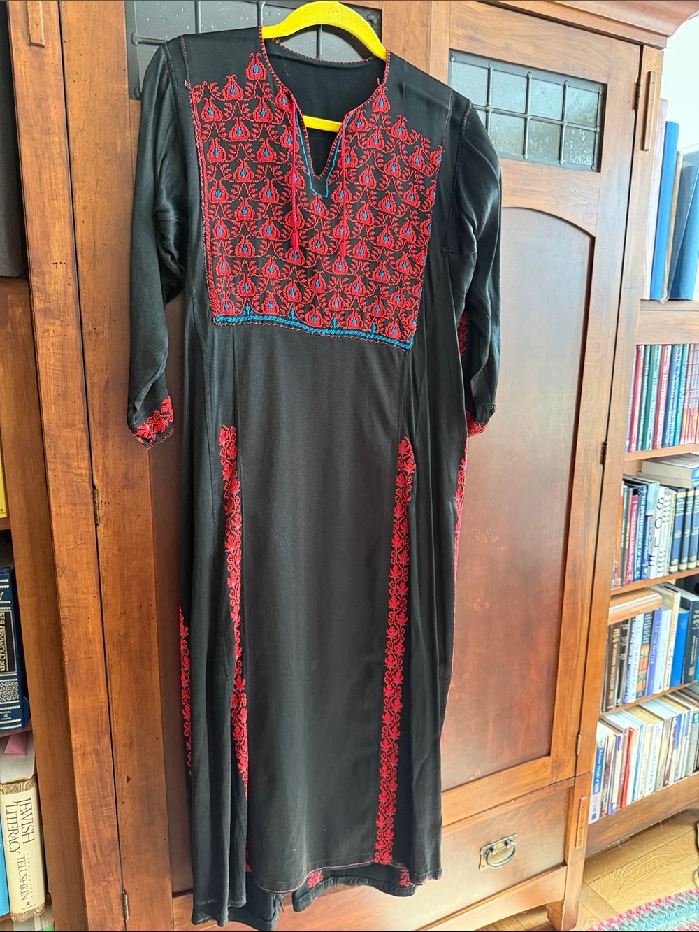 Black Long-Sleeve Embroidered Maxi Dress with Red Detail